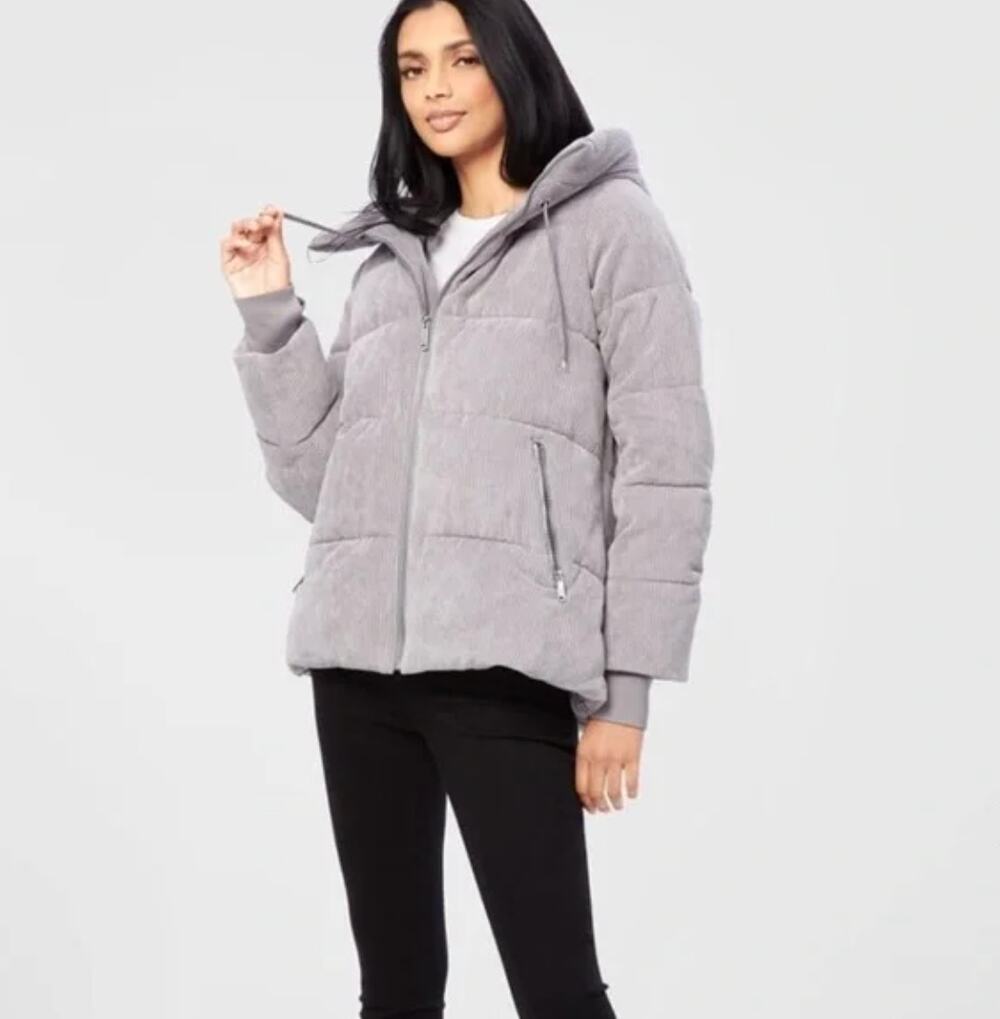 Sam Edelman Gray Quilted Corduroy Puffer Jacket Coat Hood Women's M Medium